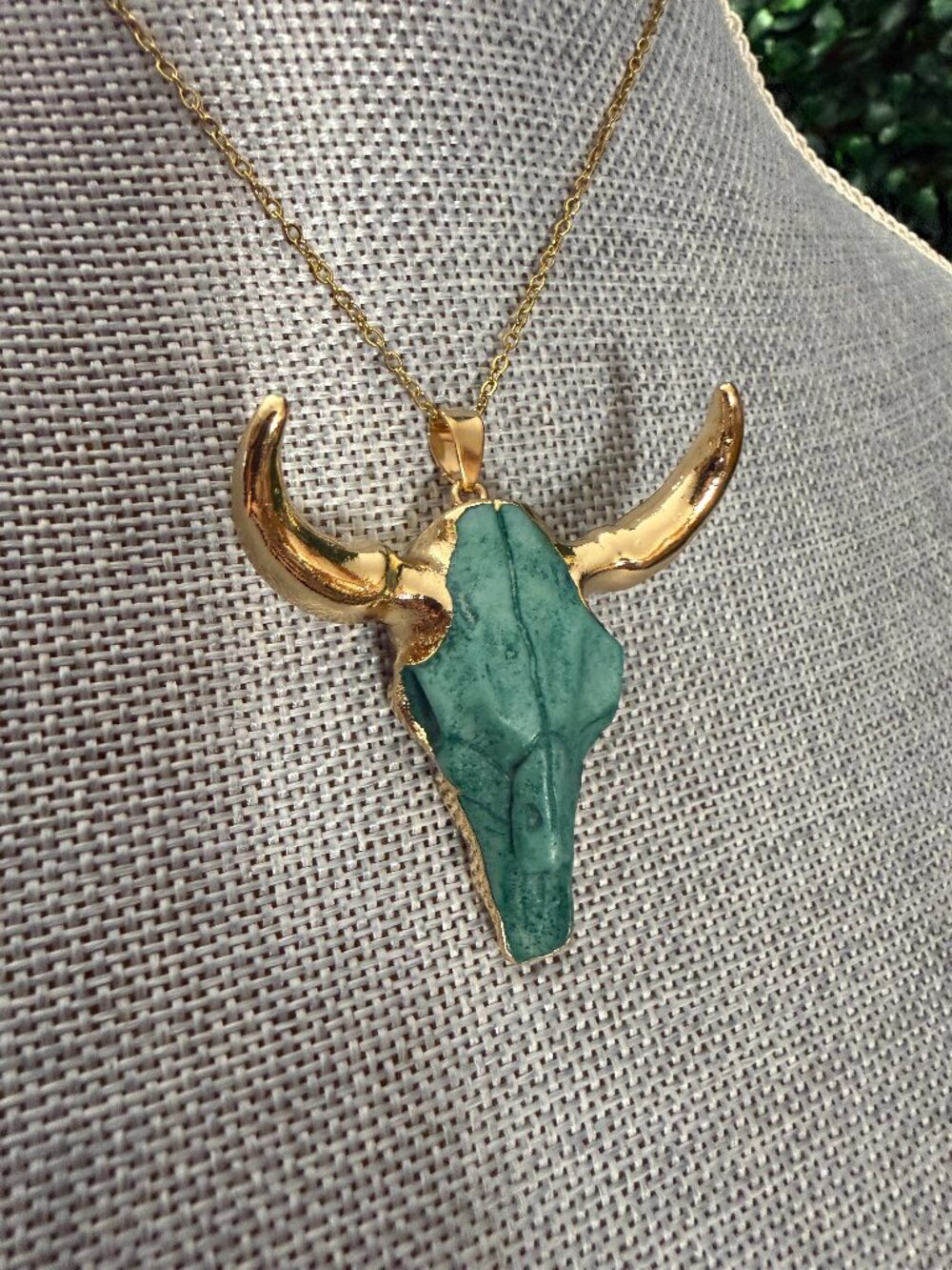 Turquoise Bull Skull Necklace Gold Tone Longhorn Western Cowgirl Boho Pendant
